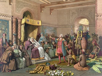 Colón en la corte de Barcelona con indios del Nuevo Mundo, febrero de 1493, pub.1893